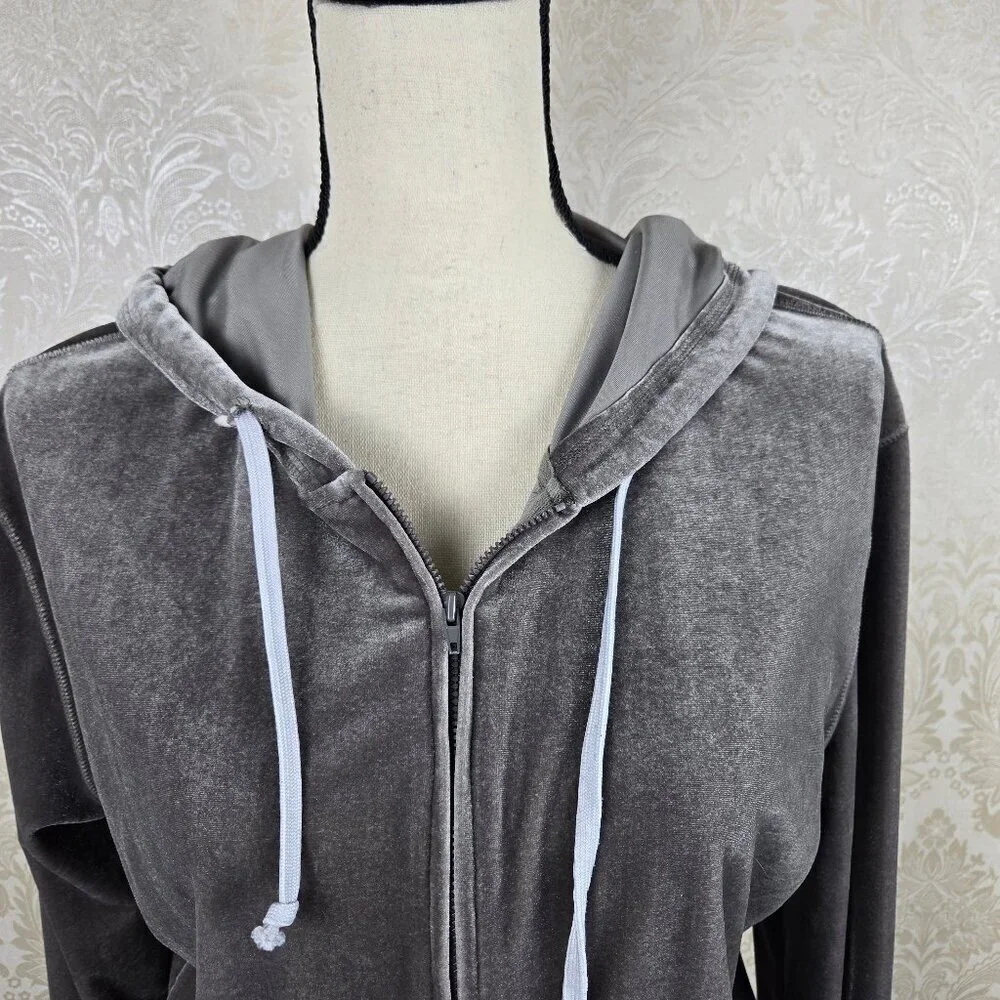 DKNY Sz Large Gray Velour Zip Front Casual Jacket Drawstring Hood Front Pockets